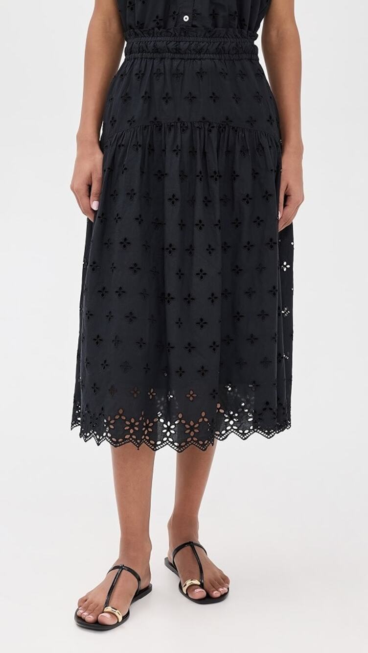 Women's Black Eyelet Midi Skirt with Scalloped Hem
